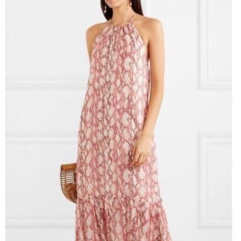 $425 Rachel Zoe Silk Chiffon Pink Animal Print Tiered Halter Maxi Dress Low Back